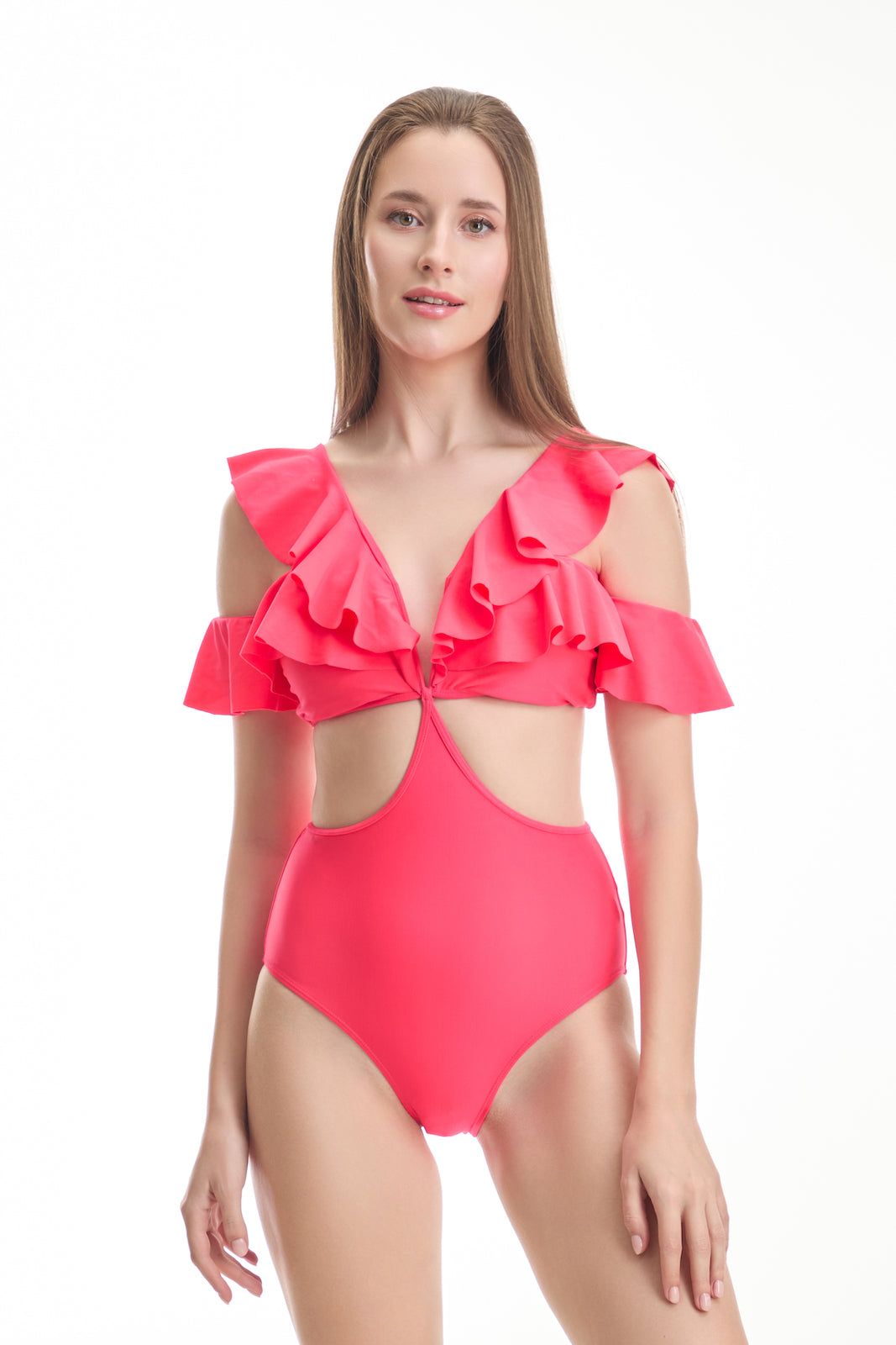 NEON RED FRILL SWIMSUIT