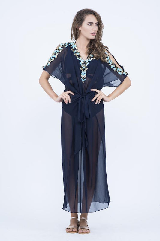 KAI  V Cold Shoulder Embellished Long Kaftaan